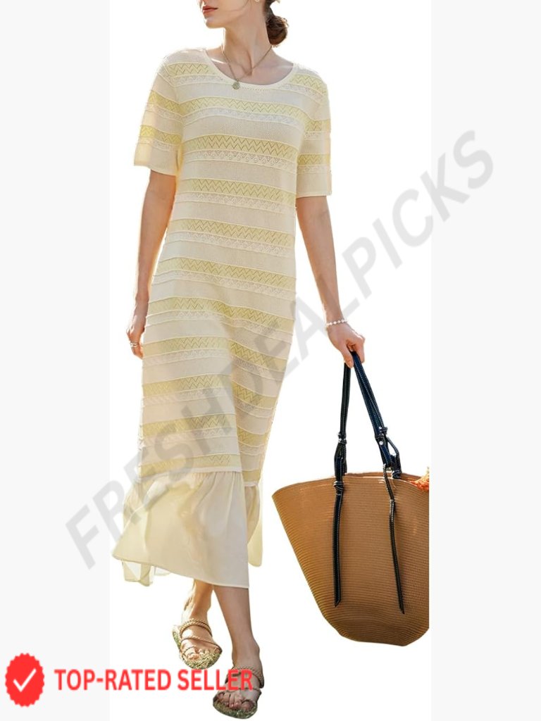 Yellow Striped Knitted Long Dress Round Neck Short Sleeves Spliced Hem Summer